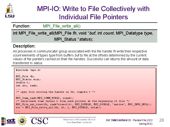 MPI-IO: Write to File Collectively with Individual File Pointers Function: MPI_File_write_all() int MPI_File_write_all(MPI_File fh,