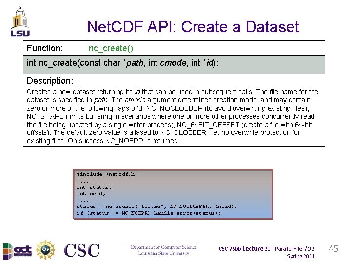 Net. CDF API: Create a Dataset Function: nc_create() int nc_create(const char *path, int cmode,