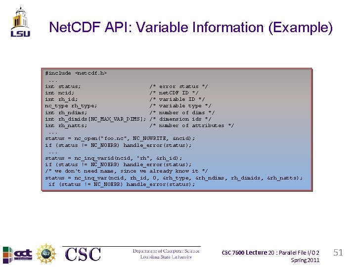 Net. CDF API: Variable Information (Example) #include <netcdf. h>. . . int status; /*