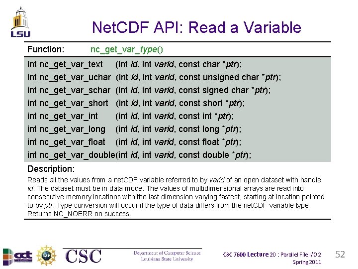 Net. CDF API: Read a Variable Function: nc_get_var_type() int nc_get_var_text (int id, int varid,