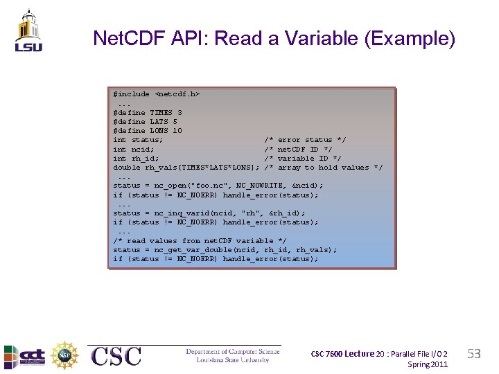 Net. CDF API: Read a Variable (Example) #include <netcdf. h>. . . #define TIMES
