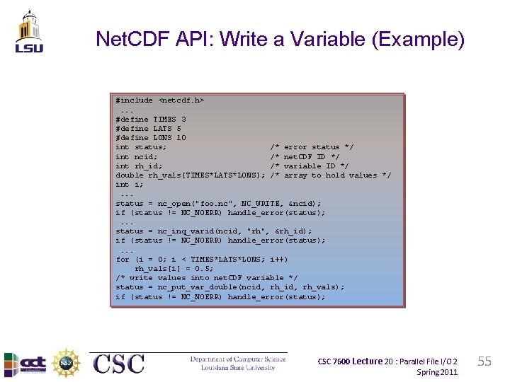 Net. CDF API: Write a Variable (Example) #include <netcdf. h>. . . #define TIMES