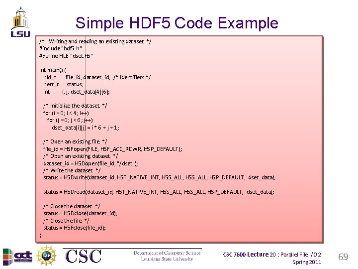 Simple HDF 5 Code Example /* Writing and reading an existing dataset. */ #include