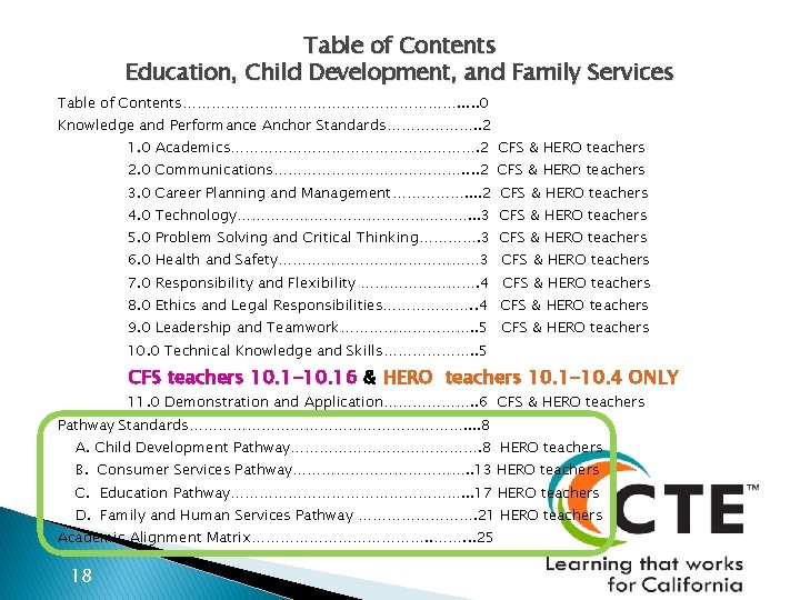 Table of Contents Education, Child Development, and Family Services Table of Contents…………………………. . .