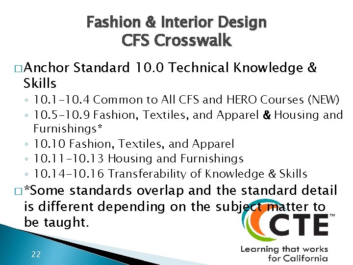 Fashion & Interior Design CFS Crosswalk � Anchor Skills Standard 10. 0 Technical Knowledge