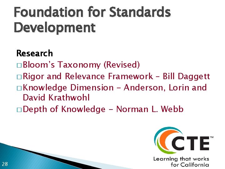 Foundation for Standards Development Research � Bloom’s Taxonomy (Revised) � Rigor and Relevance Framework
