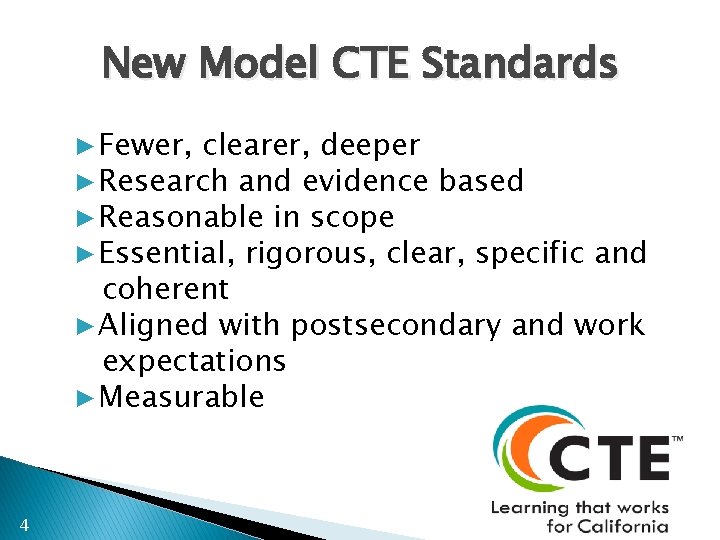 New Model CTE Standards ▶Fewer, clearer, deeper ▶Research and evidence based ▶Reasonable in scope