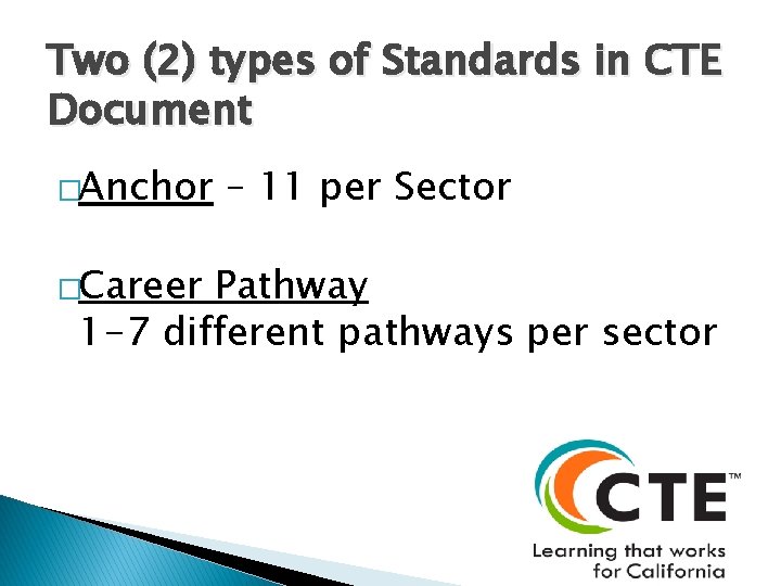Two (2) types of Standards in CTE Document �Anchor �Career – 11 per Sector