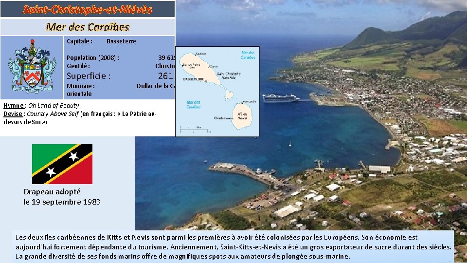 Saint-Christophe-et-Niévès Mer des Caraïbes Capitale : Basseterre Population (2008) : Gentilé : Superficie :