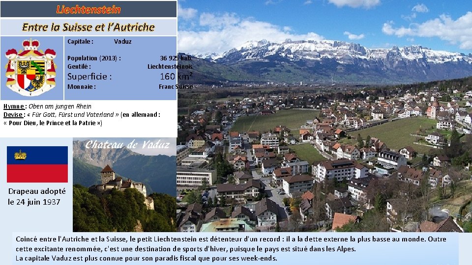 Liechtenstein Entre la Suisse et l’Autriche Capitale : Vaduz Population (2013) : Gentilé :
