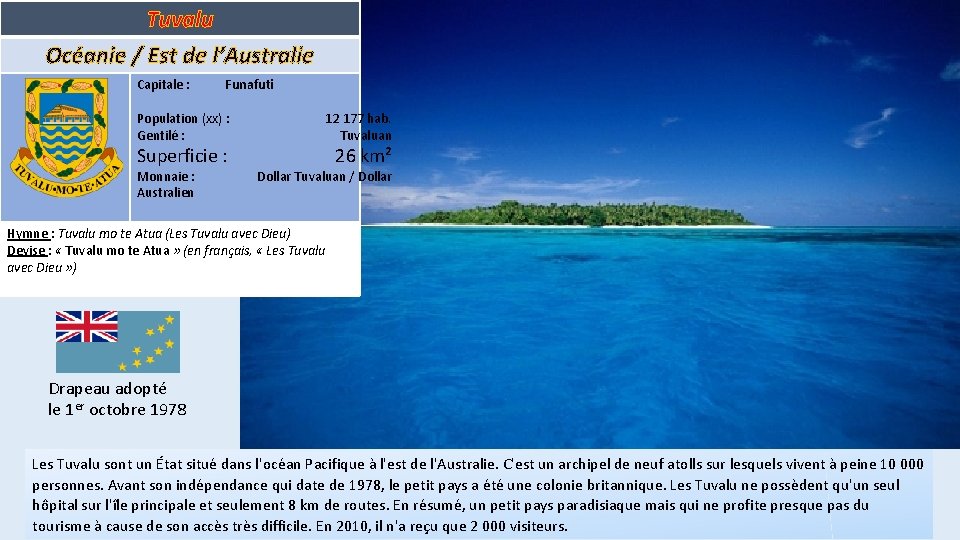 Tuvalu Océanie / Est de l’Australie Capitale : Funafuti Population (xx) : Gentilé :