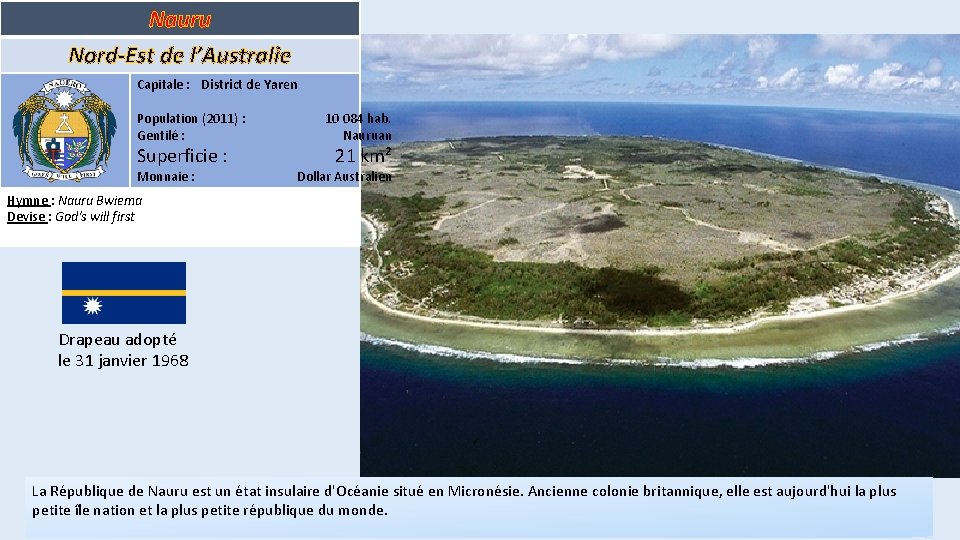 Nauru Nord-Est de l’Australie Capitale : District de Yaren Population (2011) : Gentilé :