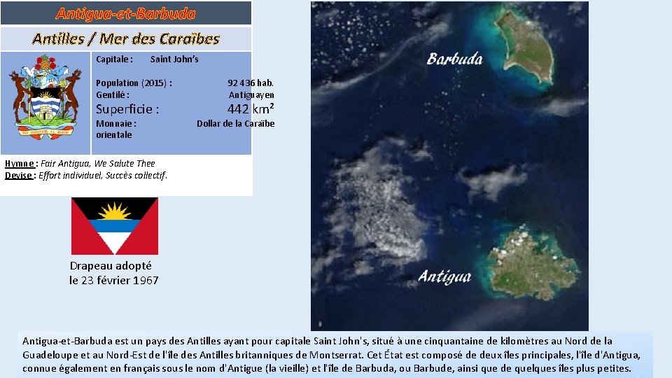 Antigua-et-Barbuda Antilles / Mer des Caraïbes Capitale : Saint John’s Population (2015) : Gentilé