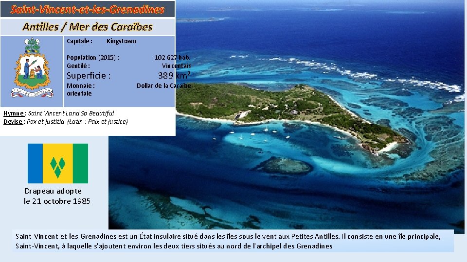 Saint-Vincent-et-les-Grenadines Antilles / Mer des Caraïbes Capitale : Kingstown Population (2015) : Gentilé :