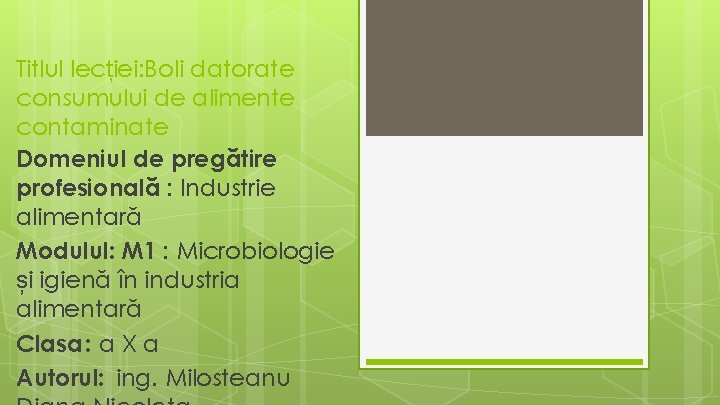 Titlul lecției: Boli datorate consumului de alimente contaminate Domeniul de pregătire profesională : Industrie
