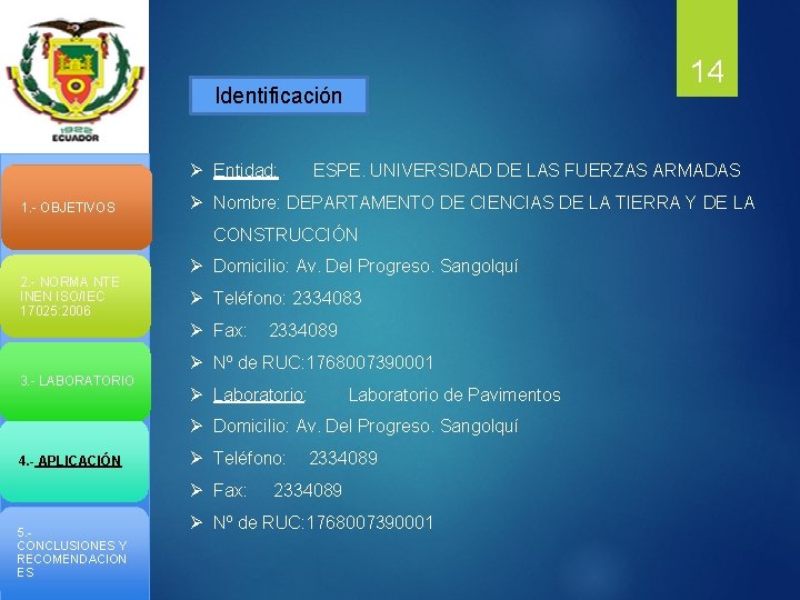 14 Identificación Ø Entidad: 1. - OBJETIVOS ESPE. UNIVERSIDAD DE LAS FUERZAS ARMADAS Ø