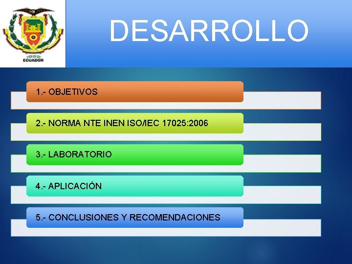 DESARROLLO 1. - OBJETIVOS 2. - NORMA NTE INEN ISO/IEC 17025: 2006 3. -