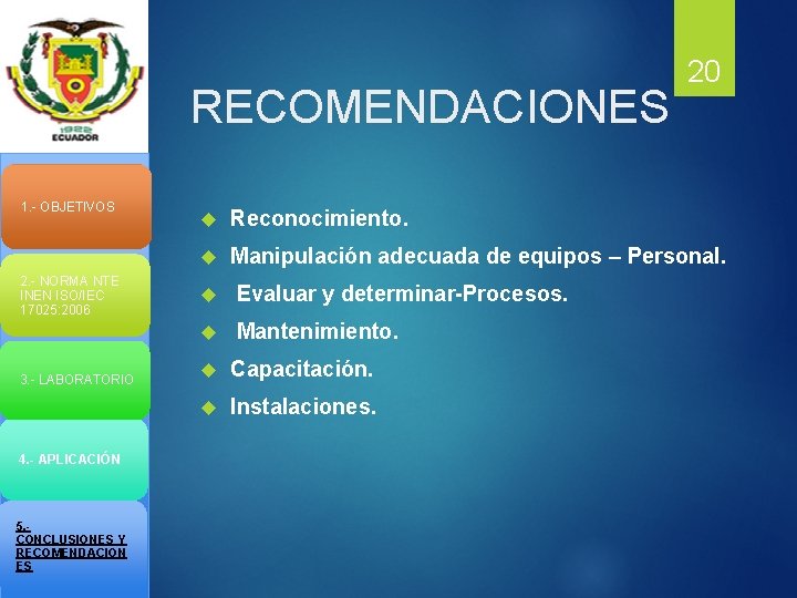 RECOMENDACIONES 1. - OBJETIVOS 2. - NORMA NTE INEN ISO/IEC 17025: 2006 3. -