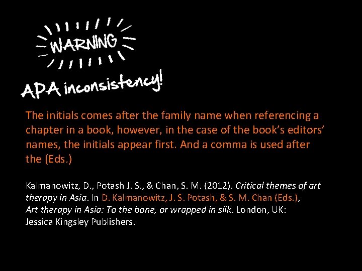 The initials comes after the family name when referencing a chapter in a book, The initials comes after the family name when referencing a chapter in a book,