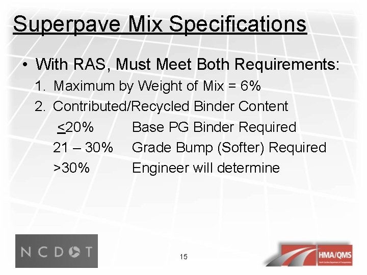 Superpave Mix Specifications • With RAS, Must Meet Both Requirements: 1. Maximum by Weight