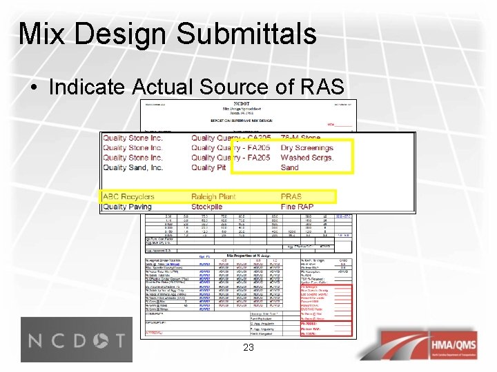 Mix Design Submittals • Indicate Actual Source of RAS 23 