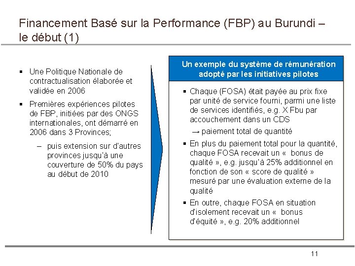 Financement Basé sur la Performance (FBP) au Burundi – le début (1) § Une