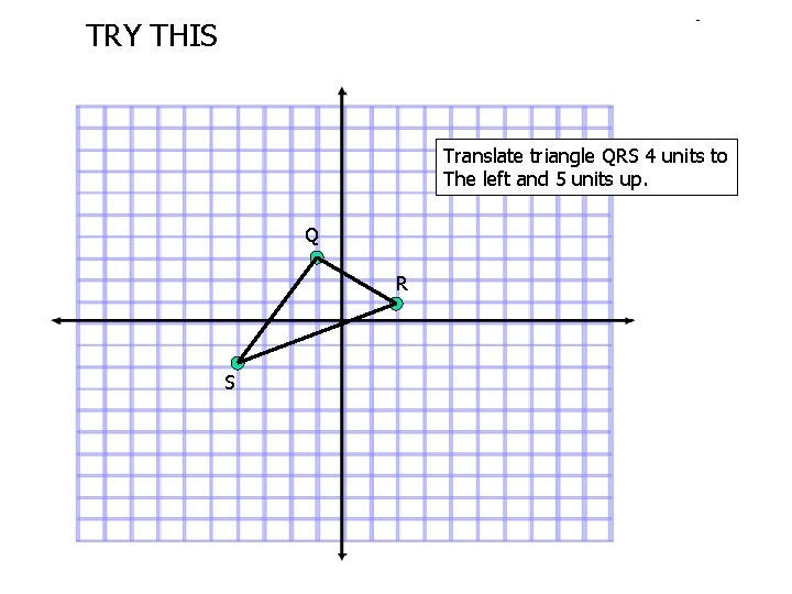 TRY THIS Translate triangle QRS 4 units to The left and 5 units up.