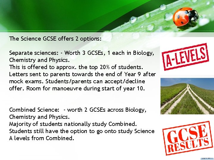 The Science GCSE offers 2 options: Separate sciences: - Worth 3 GCSEs, 1 each