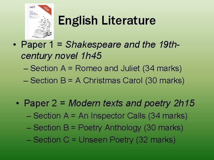 English Literature • Paper 1 = Shakespeare and the 19 thcentury novel 1 h