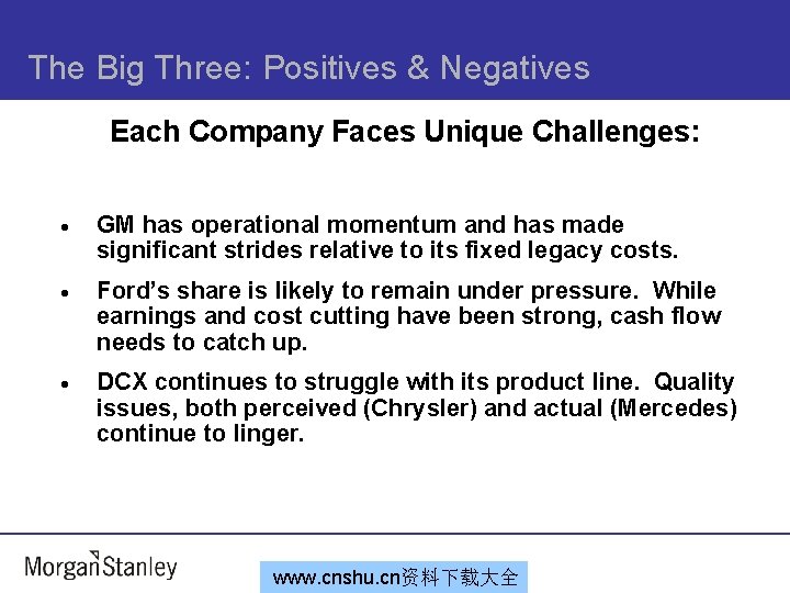 The Big Three: Positives & Negatives Each Company Faces Unique Challenges: · GM has