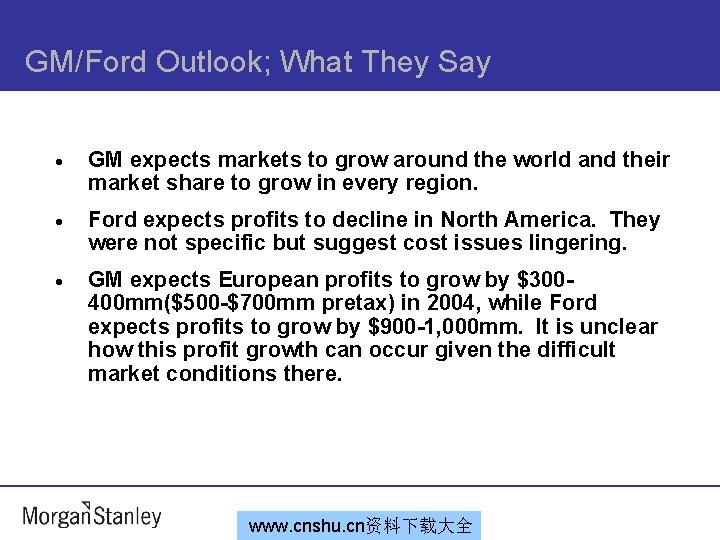 GM/Ford Outlook; What They Say · GM expects markets to grow around the world