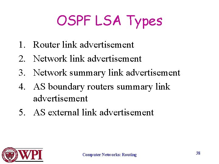 OSPF LSA Types 1. 2. 3. 4. Router link advertisement Network summary link advertisement