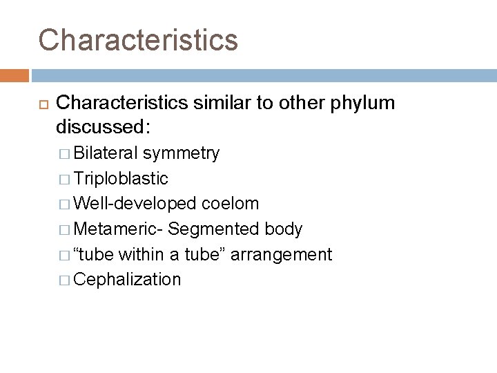 Characteristics similar to other phylum discussed: � Bilateral symmetry � Triploblastic � Well-developed coelom