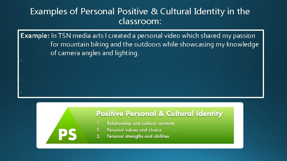 Examples of Personal Positive & Cultural Identity in the classroom: Example: In TSN media