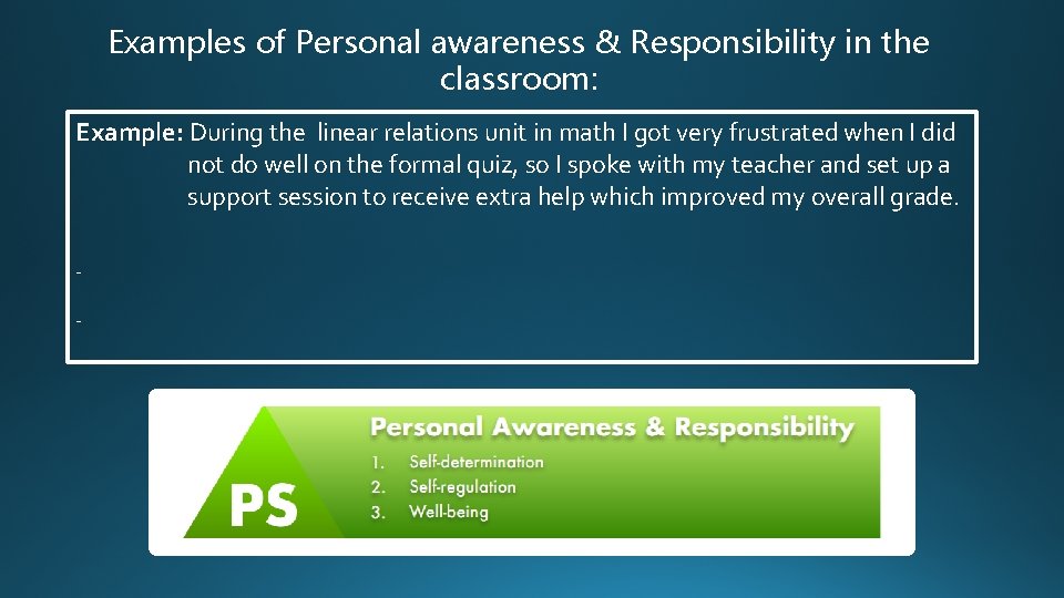 Examples of Personal awareness & Responsibility in the classroom: Example: During the linear relations