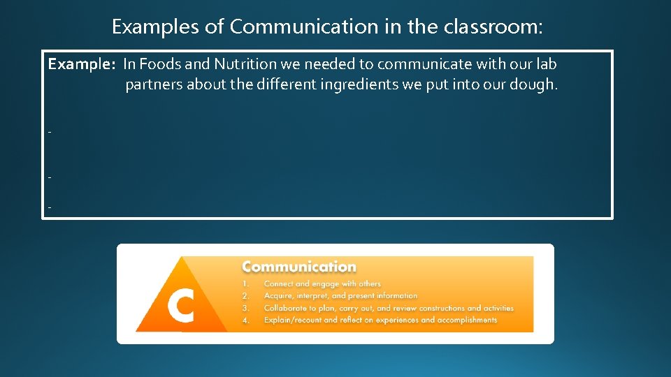 Examples of Communication in the classroom: Example: In Foods and Nutrition we needed to