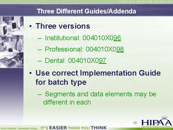 Three Different Guides/Addenda • Three versions – Institutional: 004010 X 096 – Professional: 004010