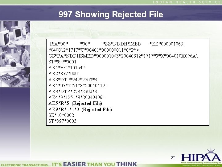 997 Showing Rejected File ISA*00* *ZZ*NDDHSMED *ZZ*000001063 *040812*1717*U*00401*000000011*0*P*> GS*FA*NDDHSMED*000001063*20040812*1717*9*X*004010 X 096 A 1 ST*997*0001