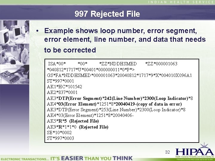 997 Rejected File • Example shows loop number, error segment, error element, line number,