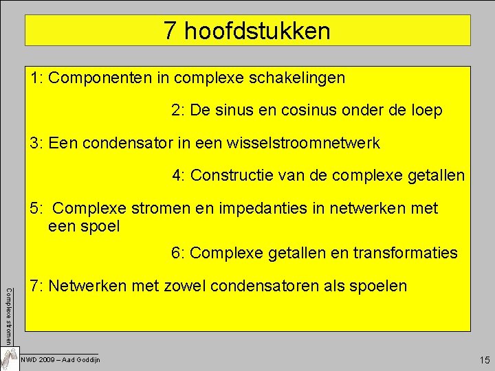 7 hoofdstukken 1: Componenten in complexe schakelingen 2: De sinus en cosinus onder de