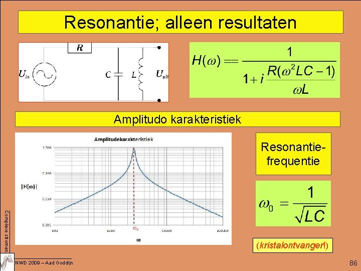 Resonantie; alleen resultaten Amplitudo karakteristiek Resonantiefrequentie Complexe stromen (kristalontvanger!) NWD 2009 – Aad Goddijn