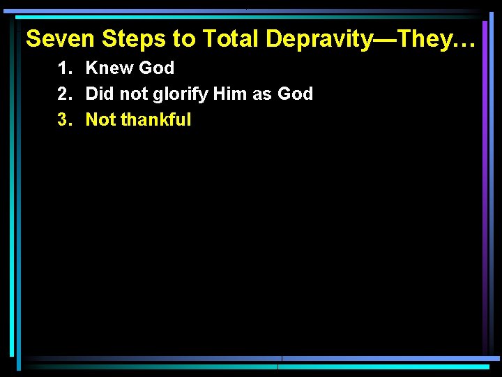 Seven Steps to Total Depravity—They… 1. Knew God 2. Did not glorify Him as