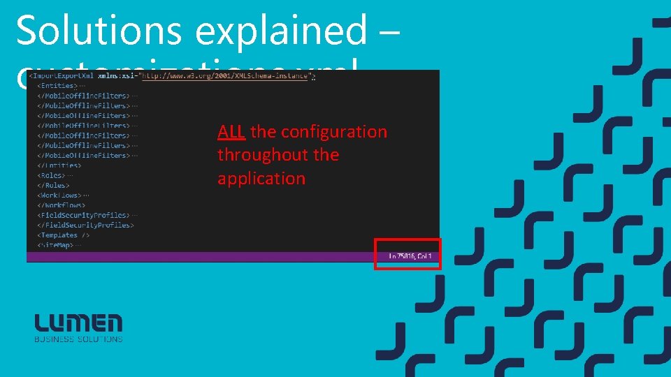 Solutions explained – customizations. xml ALL the configuration throughout the application 