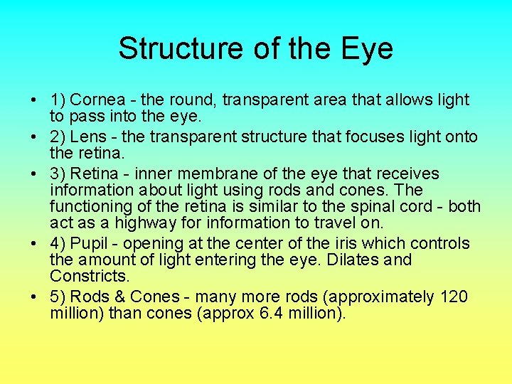 Structure of the Eye • 1) Cornea - the round, transparent area that allows