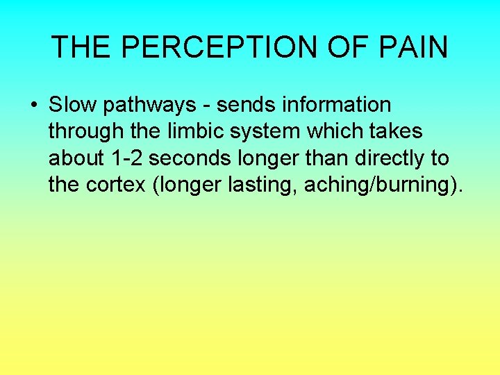 THE PERCEPTION OF PAIN • Slow pathways - sends information through the limbic system