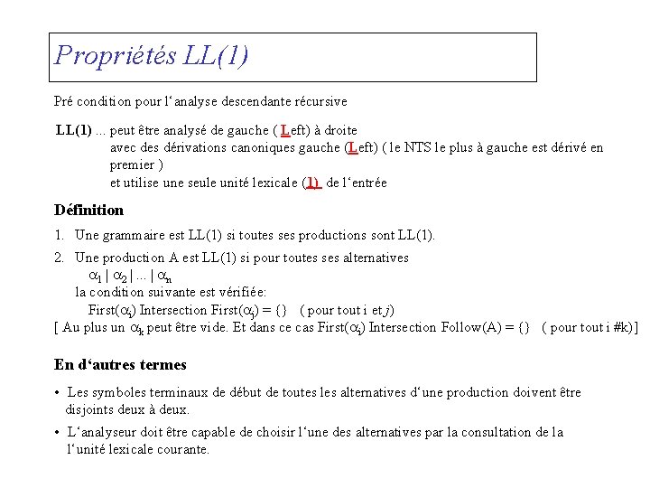 Propriétés LL(1) Pré condition pour l‘analyse descendante récursive LL(1). . . peut être analysé