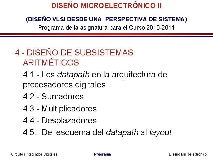 DISEÑO MICROELECTRÓNICO II (DISEÑO VLSI DESDE UNA PERSPECTIVA DE SISTEMA) Programa de la asignatura