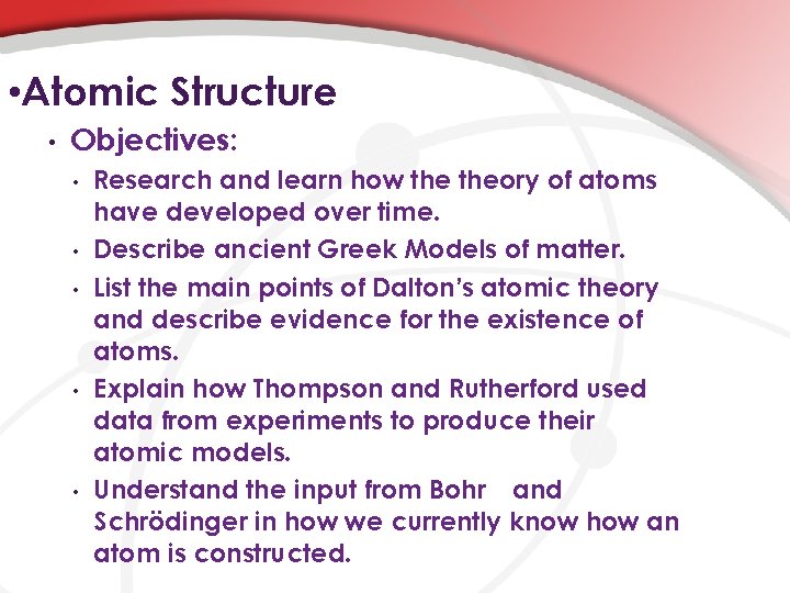  • Atomic Structure • Objectives: • • • Research and learn how theory