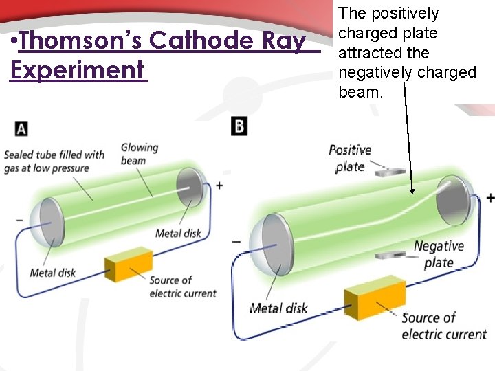  • Thomson’s Cathode Ray Experiment The positively charged plate attracted the negatively charged
