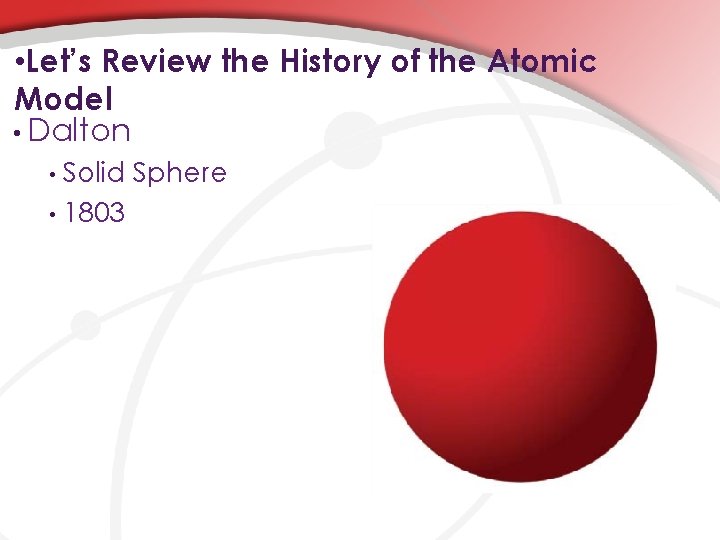  • Let’s Review the History of the Atomic Model • Dalton Solid Sphere